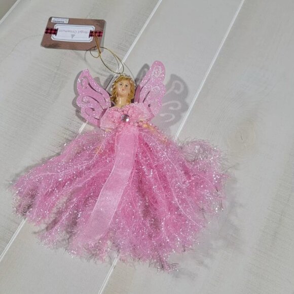 Angel Ornament ~ Holiday Decorations ~ Pink Tinsel, Beads, Jewel ~ 8 Inch - Picture 3 of 5